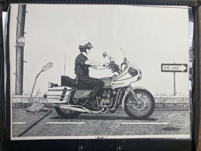 Solo - Pen and ink drawing of a Greensboro police solo officer on patrol motorcycle