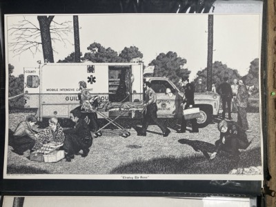 Clearing the Scene - Pen and ink drawing depicting first responders at an emergency scene